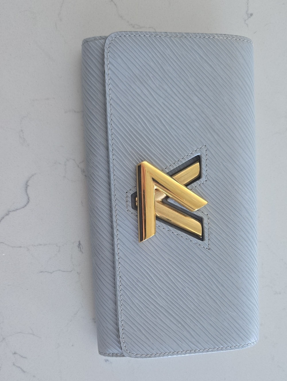 Louis Vuitton Light Blue Epi Leather Trifold Wallet with Gold V Emblem